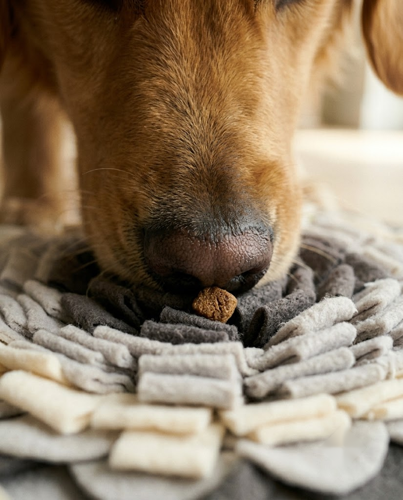 Close-up of a golden dog's nose picking a single piece of kibble out of the fleece folds of a Rootle mat