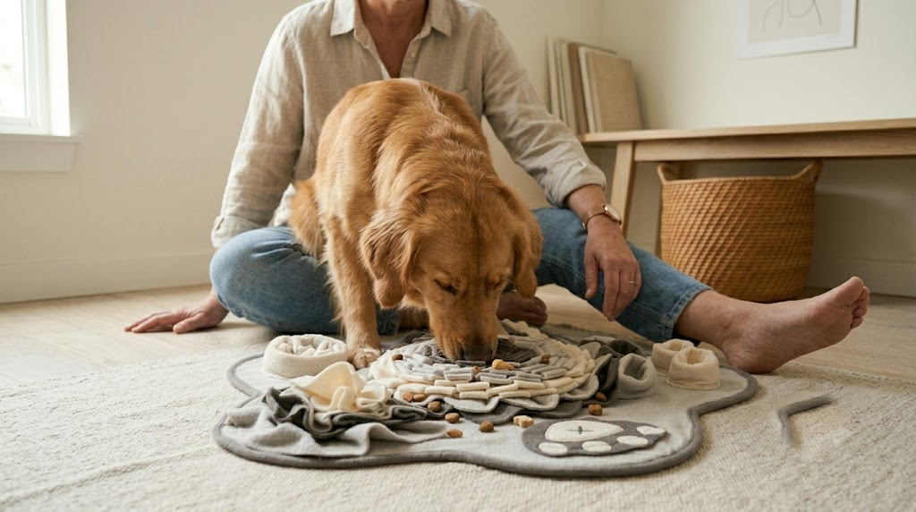 Modern entryway with woven baskets, a folded oat-colored snuffle mat, and a leather leash hanging by the door