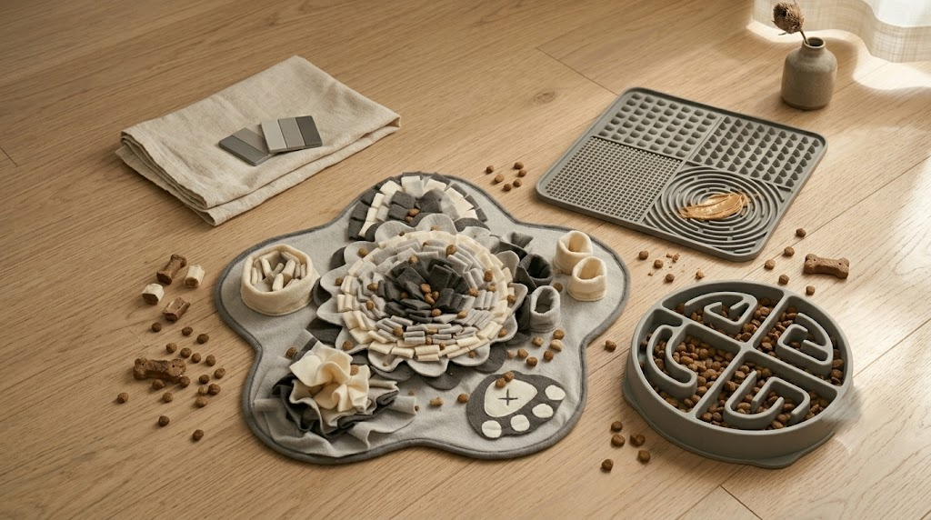 The Forage Set with the snuffle mat, lick mat, and slow bowl in a styled room
