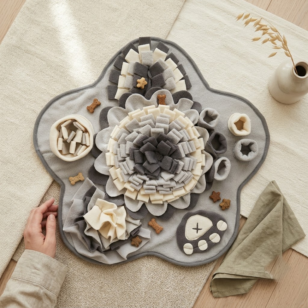 Rootle Forage Mat laid flat with treats on a soft neutral textile