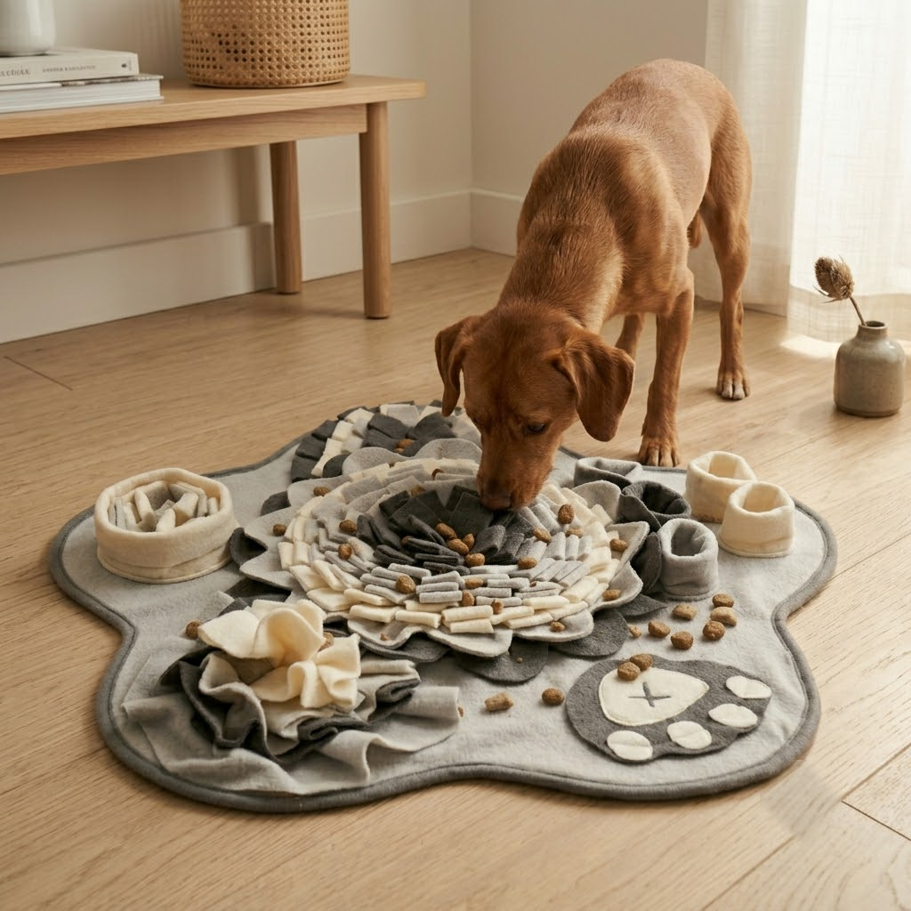 A dog sniffing through the folds of a Rootle foraging mat in a calm sunlit room